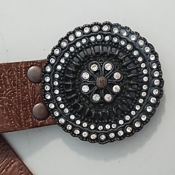 Brown Tooled Leather Belt with Coppery Metal Buckle With Rhinstones - Picture 12 of 13